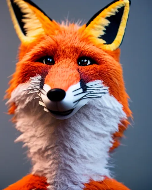 Image similar to portrait photo headshot still of a fursuit, fox, 8 k, 8 5 mm f 1. 8, fursuit