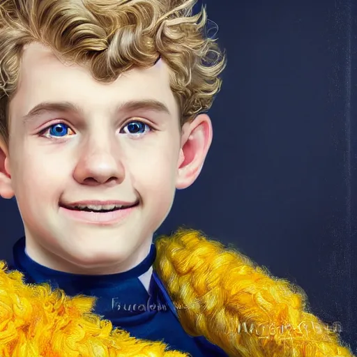 Prompt: close - up portrait a curly blonde hair hufflepuff!! boy age 1 1 years old with grey - blue eyes, cute, smiling!! fantasy, portrait, highly detailed, digital painting, artstation, concept art, sharp focus, illustration, studio photo, studio lighting, art by artgerm and greg rutkowski and magali villeneuve