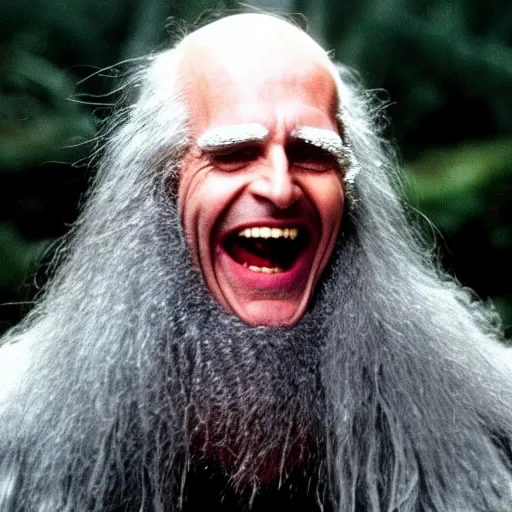 Image similar to patrick bateman as an old druid wizard, bald, bushy grey eyebrows, long grey hair, disheveled, wise old man, wearing a grey wizard hat, wearing a purple detailed coat, a bushy grey beard, sorcerer, he is a mad old man, laughing and yelling