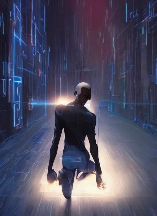 Prompt: detailed digital painting of young black man surrounded by matrix text and comples algorithms, cinematic dramatic pose by artstation, fanart behance hd by jesper ejsing, by rhads, makoto shinkai and lois van baarle, ilya kuvshinov, rossdraws, massive computer servers, global illumination, radiant light, detailed and intricate environment