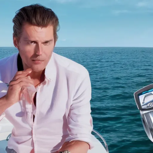 Image similar to perfume ad man on a yacht, tv commercial