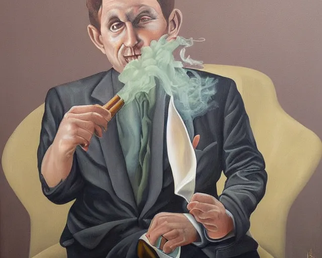 Image similar to a surreal painting of man smoking a joint