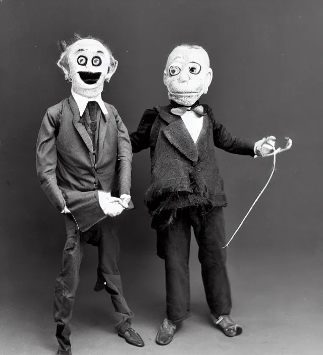 Image similar to hyper realistic old photography of lunatic mad ventriloquist old man with terrific haunted puppet