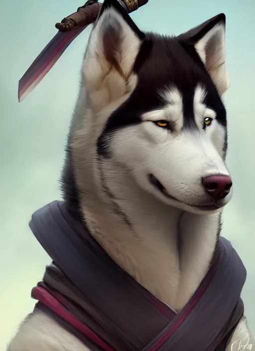 Prompt: beautiful portrait of a male anthro husky wearing samurai kimono. character design by charlie bowater, ross tran, artgerm, and makoto shinkai, cinematic, detailed, soft lighting, rendered in octane