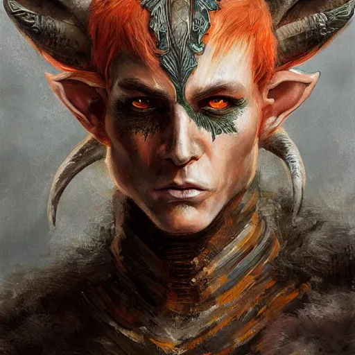 Image similar to portrait painting of an elven young man with short light orange hair and tribal tattoos on his face wearing fur armor, sharp focus, award - winning, trending on artstation, masterpiece, highly detailed, intricate. art by seb mckinnon