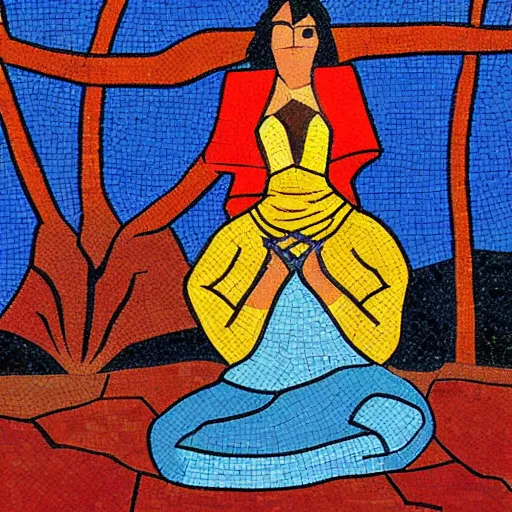 Image similar to A beautiful land art. Her cell is as bare as mine. She is sitting in the middle, hugging her knees, wrapped in a toga-like garment. mosaic, orpist by Stuart Davis, by Ed Mell lavish