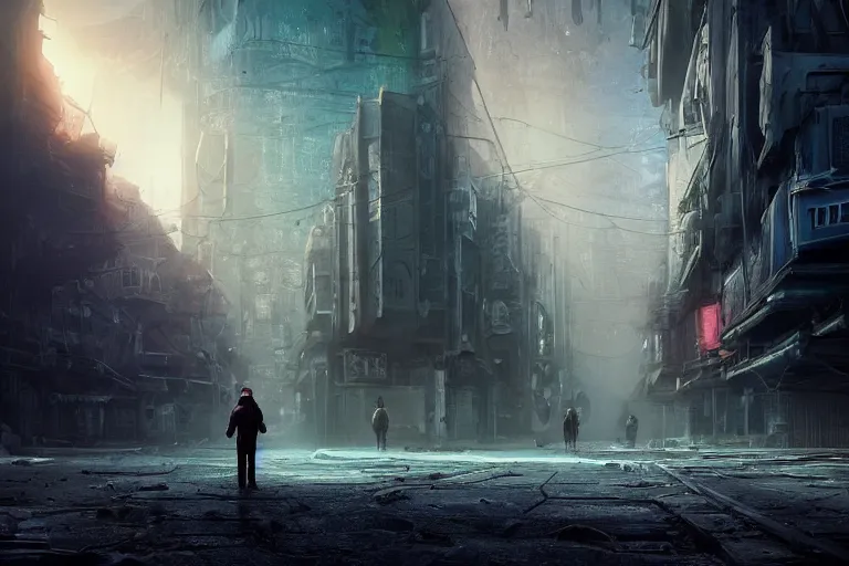 Image similar to a man standing in a street in an abandoned underwater alien city, ancient looming immense buildings ; creepy mood, uneasy atmosphere, sense of wonder, awe, breathtaking digital art, cinematic lighting, striking perspective, aesthetic composition, unreal engine 8 k, trending on artstation, unusual color palette, very realistic, highly detailed