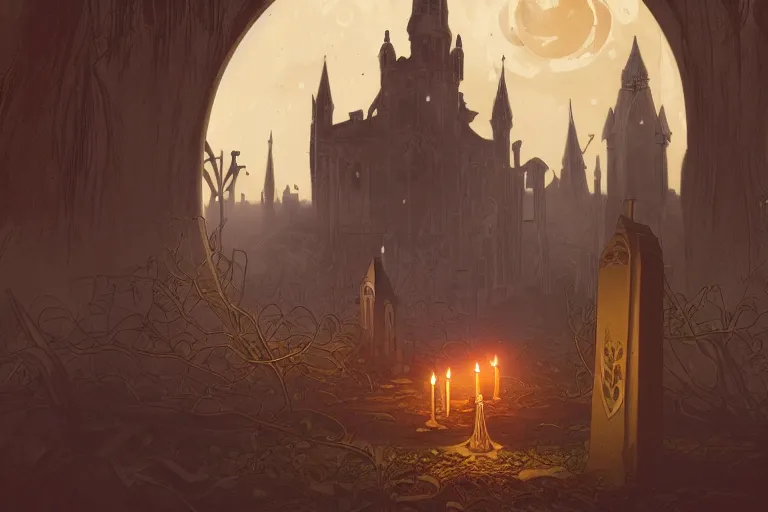 Image similar to an ultra detailed animation of a candle in a graveyard at midnight on halloween, digital art, dark fantasy, concept art, soulslike, by alphonse mucha, blood moon eclipse, ruined building in the background, artstation, 8 k, unreal engine render
