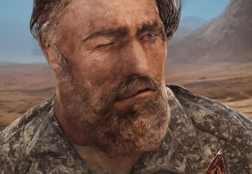 Image similar to portrait of muscular, tired and alcoholic 3 0 - year - ol 5 grieving man with short darkblonde hair, serious sad look in his eyes, looking down, dirty beard, blue eyes, crying tears, wearing dirty soldier uniform, on the desert, sad atmosphere, hyper realistic face, character art, art by mark brooks, cryengine, trending on artstation, digital art