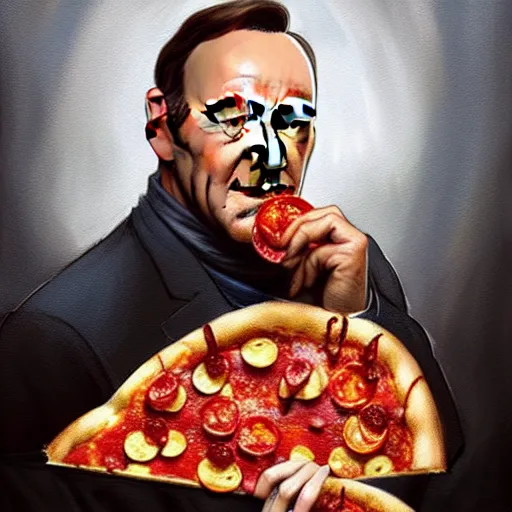 Prompt: Kevin Spacey eating pizza, dripping tomato Sauce, serving happy meals, D&D, spilling ketchup, fantasy, intricate, elegant, highly detailed, digital painting, artstation, concept art, matte, sharp focus, illustration, hearthstone, art by Artgerm and Greg Rutkowski and Alphonse Mucha