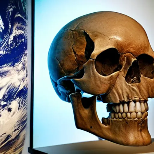 Image similar to A human skull in a museum exhibit with a picture of planet Earth next to it, alien language, science fiction