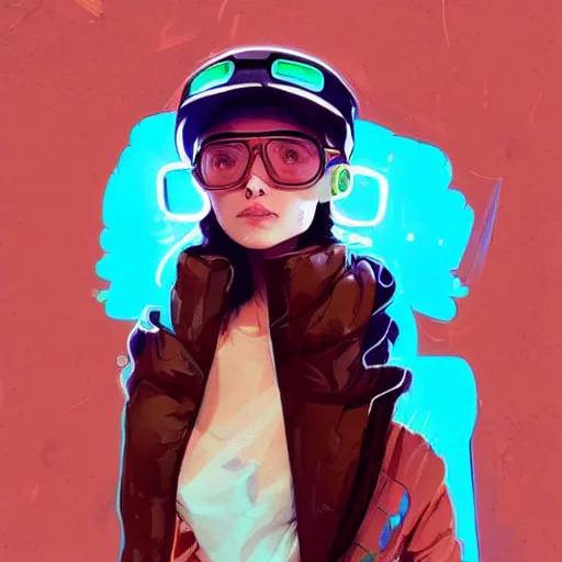 Prompt: highly detailed portrait of an electric woman wearing a snow coat and hologram visor, by atey ghailan, by greg rutkowski, by greg tocchini, by james gilleard, by joe fenton, by kaethe butcher, gradient blue, black, brown and cyan color scheme, grunge aesthetic!!! ( ( graffiti tag wall background ) )
