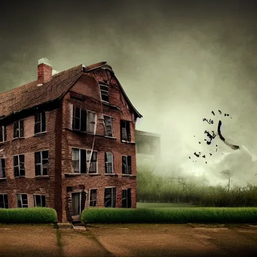 Prompt: Angry monster in the form of an old brick house walking menacingly, people are running away in panic screaming