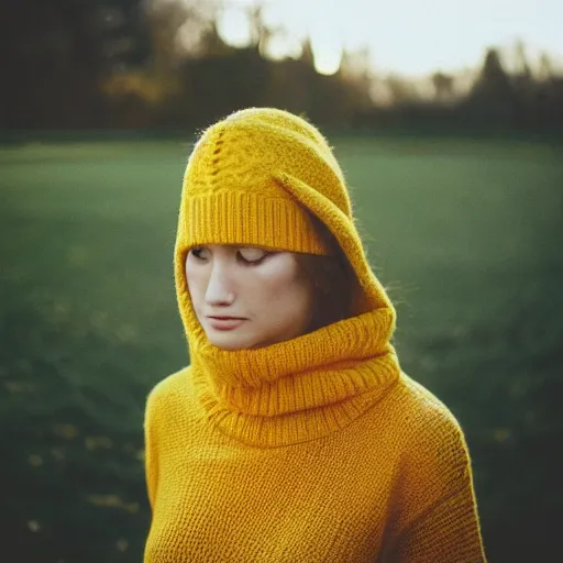 Image similar to a portrait photography of a woman wearing a yellow knitted turtleneck sweater that covers half her face. long hair. agfa vista 4 0 0 film. detailed. depth of field. cinematic. lens flare. grainy film. warm light.