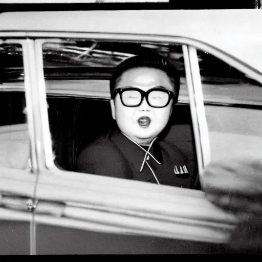 Prompt: 1960s press archive of middle-aged Kim Jong-il coming out of a car, face obscured, Reuters, 35mm film, film grain, mysterious exterior, starfish-monster arm crushing car, underexposed