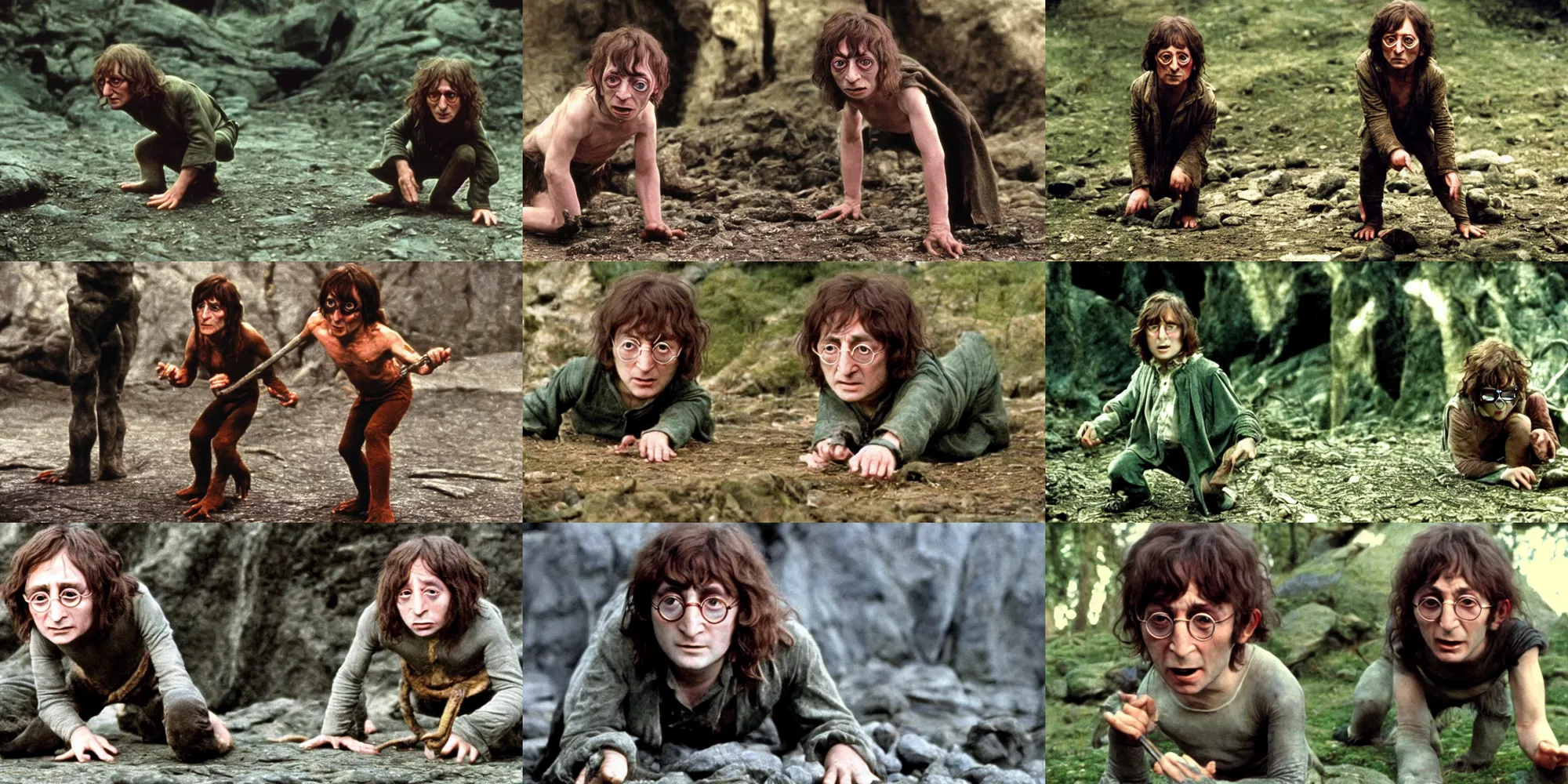 Prompt: A full color still of young John Lennon in Gollum makeup and costume, without glasses, on all fours, in The Lord of the Rings directed by Stanley Kubrick,