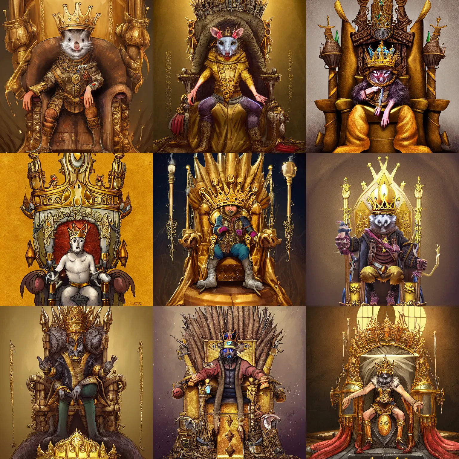 Prompt: a sewer rat wearing a golden crown, sitting on a throne, in a throne room, rats dressed as lords and ladies, prize winning, trending on artstation, fantasy illustration, warm tones, comedic, digital art, extremely detailed