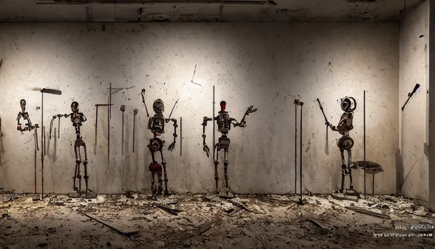 Image similar to abandoned art gallery, robots with articulated metal hands hold paintbrushes against photos of landscapes hung on the walls, dramatic lighting, 4 k