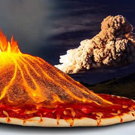 Image similar to a volcano erupting on a giant pizza