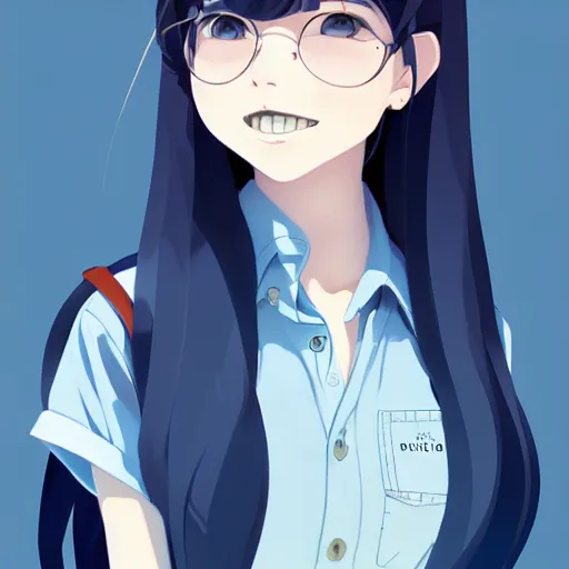 Image similar to urban school girl in shirt fanart, dark blue long hair, muted colors, matte print, pastel colors, ornate, digital art, cute smile, digital painting, fan art, elegant, pixiv, by Ilya Kuvshinov, by Studio Ghibli