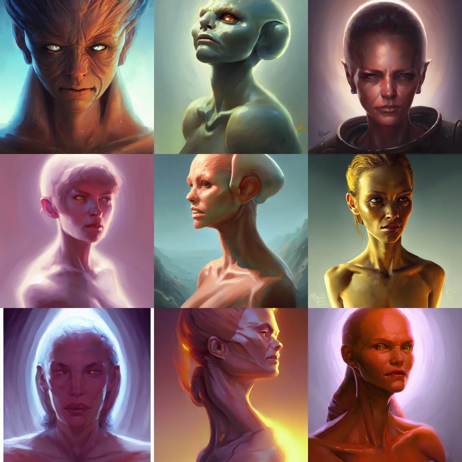 Prompt: three quarter view, extraterrestrial female lifeform portrait, cultured, friendly, whole head, 3/4 view, dramatic lighting, painted by andreas rocha