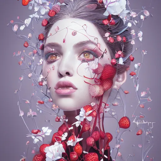 Image similar to the professional photoshoot of an absurdly beautiful, graceful, elegant, sophisticated, fashionable young woman made of strawberries and white petals, an ultrafine hyperdetailed illustration by kim jung gi, irakli nadar, intricate linework, bright colors, octopath traveler, final fantasy, unreal engine 5 highly rendered, global illumination, radiant light, detailed and intricate environment