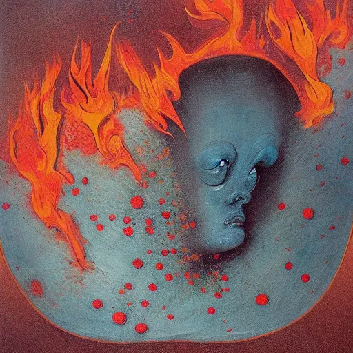 Image similar to a sphere being devoured by abstract splatters of paint in the style of francis bacon, venus being engulfed in flames in the style of james jean, surreal, beksinski, high detailed