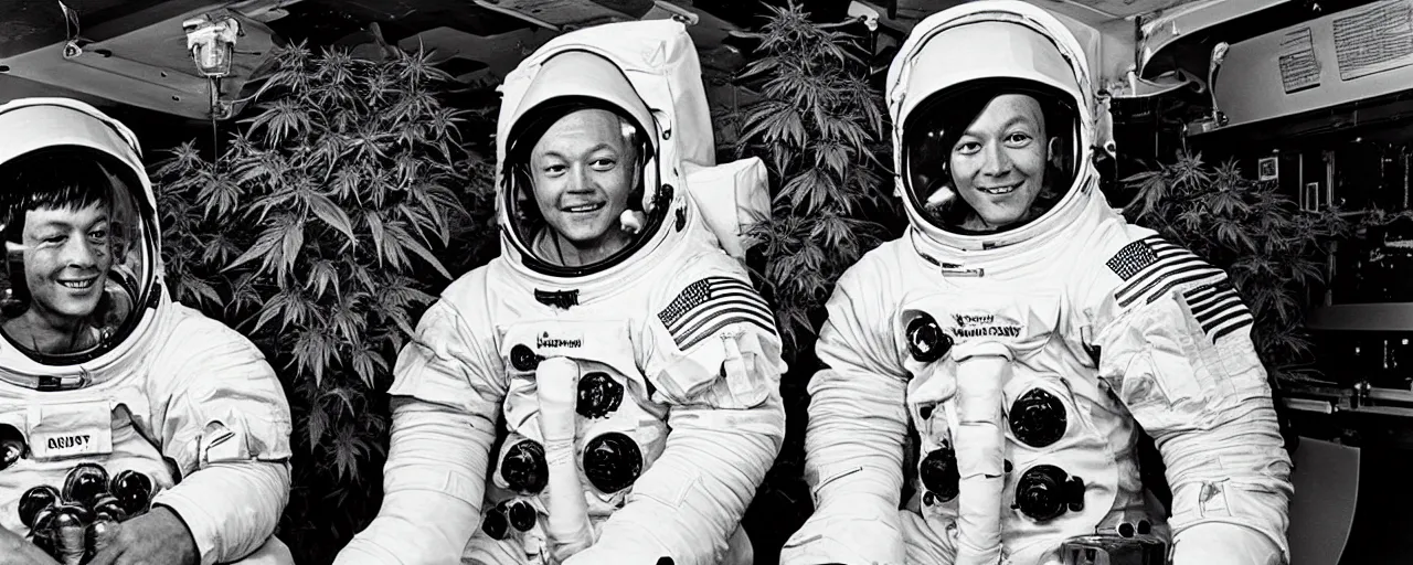 Prompt: apollo 1 1 astronauts smoking a joint in space, marijuana plants, cannabis leaves, realistic faces, fine detail, retro