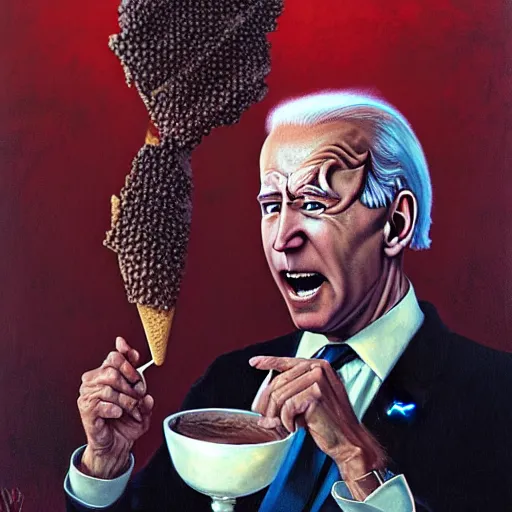 Image similar to epic Joe Biden eats waffle cone ice cream in pandemonium, demons and souls, portrait, art by Wayne Barlowe, oil on canvas