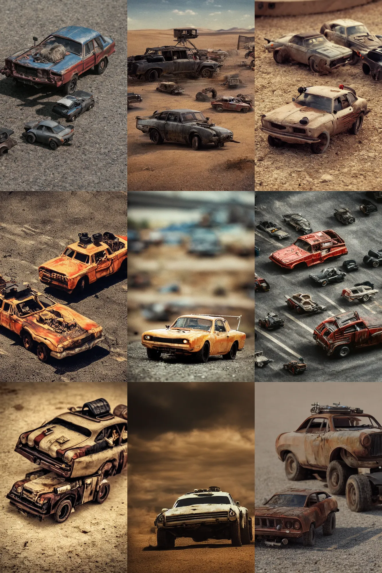 Prompt: Kodak portra 160, 8K, highly detailed, portrait, tilt shift: famous artist in low budget mad max movie remake, car chase scene