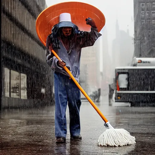 Image similar to closeup portrait of a cleaner with a giant mop in a rainy new york street, by Steve McCurry and David Lazar, natural light, detailed face, CANON Eos C300, ƒ1.8, 35mm, 8K, medium-format print