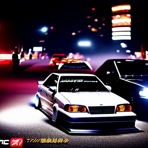 Image similar to a car JZX100 twin turbo drift at illegal car meet, Shibuya prefecture, city midnight mist lights, cinematic lighting, photorealistic, highly detailed wheels, high detail