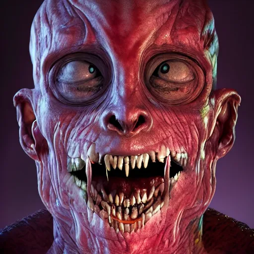 Image similar to worm - with - human - face - creature - directed - by - david - schmoeller, teeth, fleshscape, veins, faces, vivid colors, high - detail, photorealistic, 4 k, artstation, cinematic - lighting,