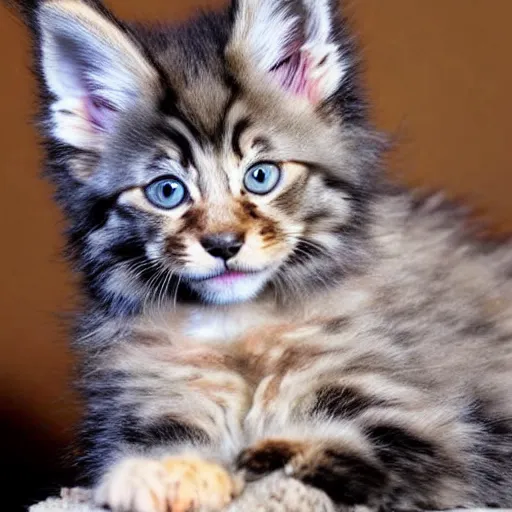 Prompt: a super cute maine coon coyote kitten