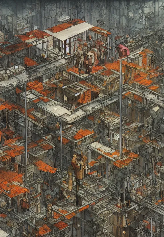 Image similar to [Underground colony with checkered flags, rust and brutalist buildings and little mushrooms. Propaganda poster, intricate, elegant, highly detailed, digital painting, artstation, concept art, matte, sharp focus, illustration, art by Enki Bilal and Moebius]