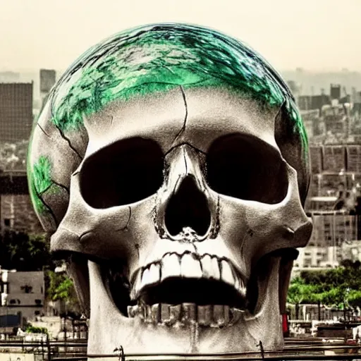 Prompt: giant skull made of jade floating above a city