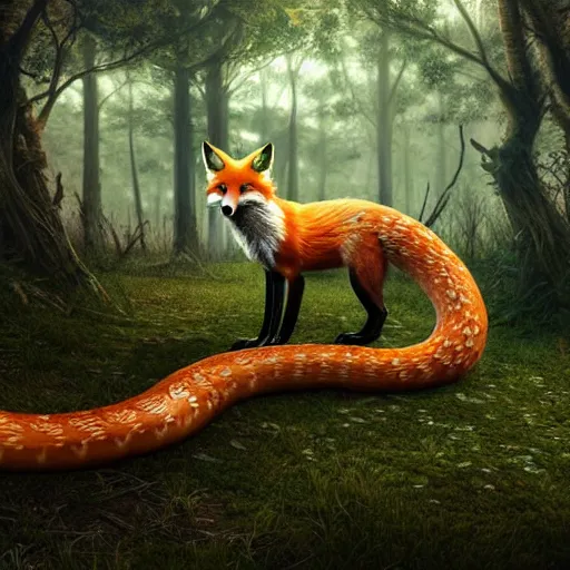 Image similar to fox in a forest with a snakeskin tail, ultra realistic, concept art, intricate details, eerie, highly detailed, photorealistic, octane render, 8k, unreal engine, art by artgerm and Blaz Porenta