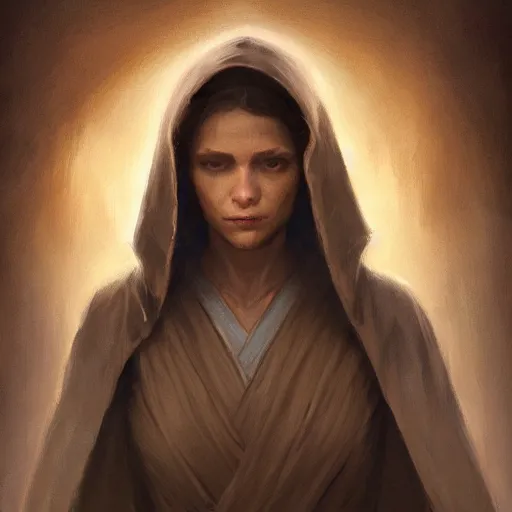 Prompt: portrait of a woman by greg rutkowski, jedi knight allana solo, straight brown hair, jedi robes, star wars expanded universe, she is about 2 0 years old, wearing jedi robes, highly detailed portrait, digital painting, artstation, concept art, smooth, sharp foccus ilustration, artstation hq