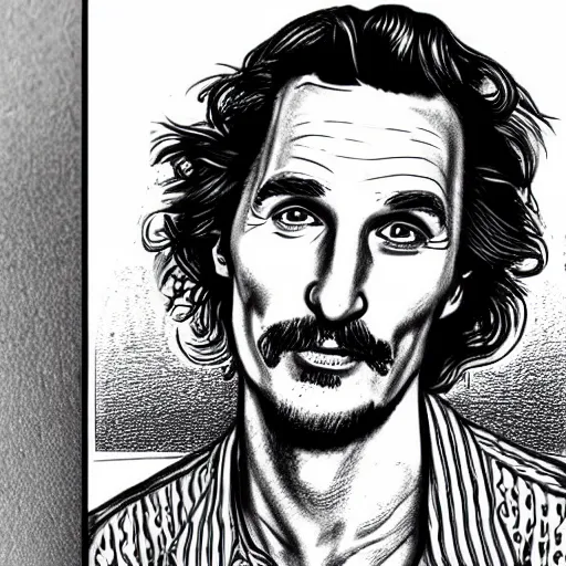 Image similar to a portrait drawing of Mathew McConaughey drawn by Robert Crumb