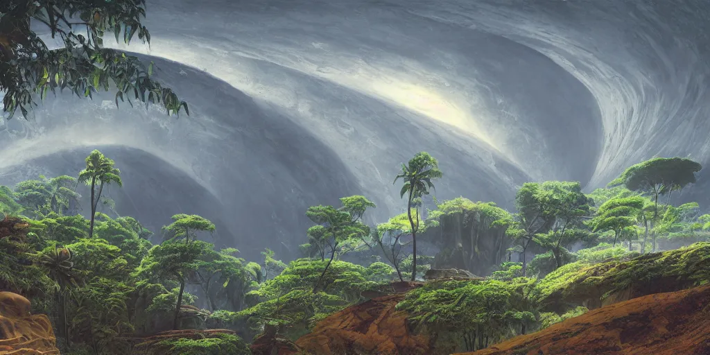 Prompt: a twirly architectural monument right in the middle of a huge crater in a tropical forest, ralph maquarrie and syd mead cinematic matte painting, 4 k