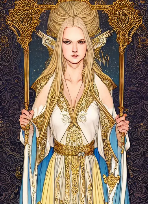 Prompt: portrait of a alluring young priestess in ornamental white robes, gold accessories, face details, blond hair, ponytail, white skin, blue eyes, dark fantasy, sharp focus, award winning, masterpiece, highly detailed, intricate, by rebecca guay, rossdraws, tarot card border