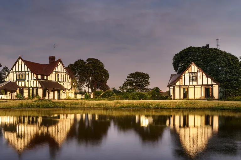 Prompt: tudor style detached house surrounded by skyscrapers, a river flowing through the scene, boathouse in the foreground, architecture photography, landscape photography, dusk