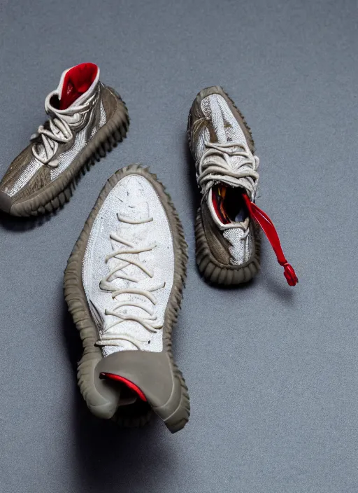 Image similar to hyperrealistic and heavy detailed product photo yeezy shoe of travis scott, in front of white back drop, whole shoe is in picture, leica sl 2 5 0 mm, vivid color, high quality, high textured, real life