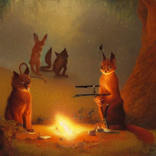 Image similar to three cute caracals wearing red bows or ties, acoustic guitar, campfire, night, atmospheric lighting, intricate, volumetric lighting, digital art, highly detailed by gaston bussiere, craig mullins, j. c. leyendecker 8 k