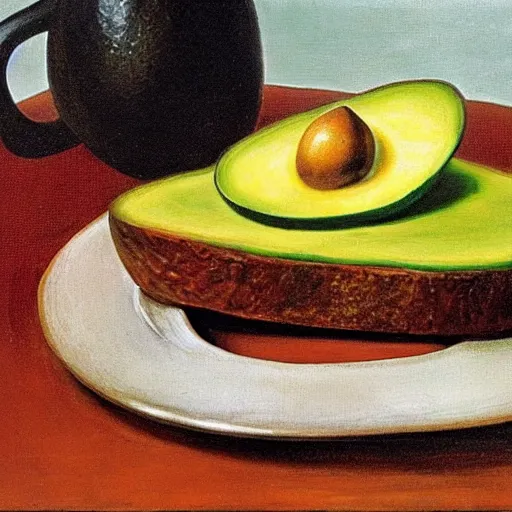 Image similar to avocado on toast on a coffee table by salvador dali, oil on canvas