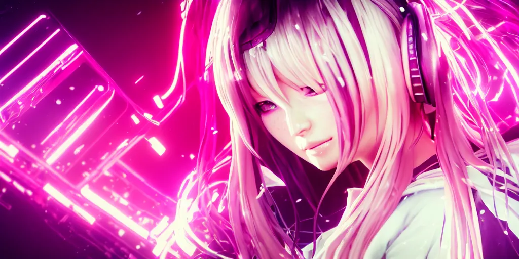 Image similar to beautiful portrait of a woman with pastel long hair floating in the air with her eyes open facing the camera centered with studio headphones on in the style of a code vein character, momo from twice in code vein in the style of WLOP, artgerm, yasutomo oka, rendered in unreal engine and redshift octane , background is surrounded by epic neon glitch effect digital art dynamic dramatic lighting, soft lighting, imagine fx, artstation, cgsociety, by Bandai Namco artist,