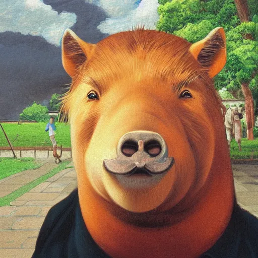 Image similar to an epic painting of vladimir lenin petting capybara, oil on canvas, anime style, ghibli studio, animation film, perfect composition, golden ratio, beautiful detailed, photorealistic, digital painting, concept art, smooth, sharp focus, illustration