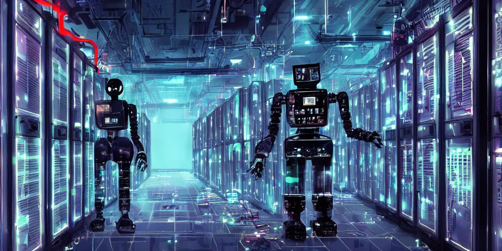 Image similar to retro robot in data center server palace high details shot cyberpunk retrowave shot from michael bay movie