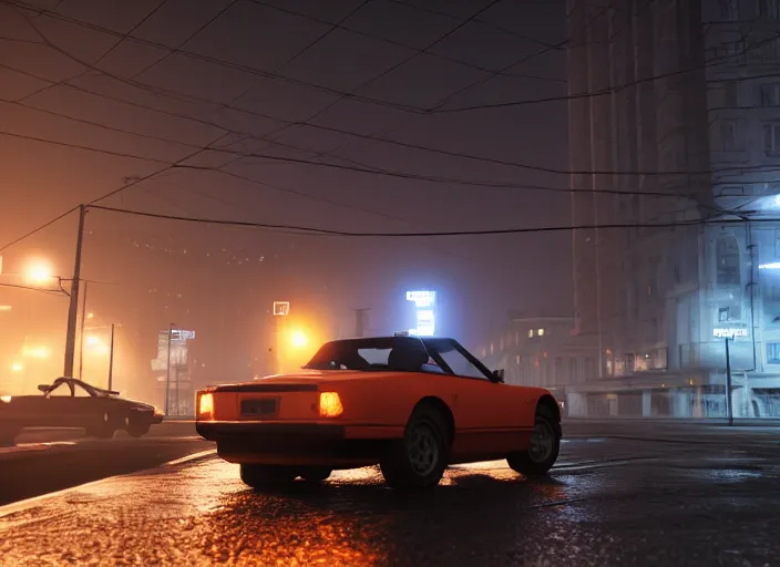 Image similar to hyperrealistic matte painting of gta game in moscow, 1 9 9 0, playstation 5 screenshot, mega details, dark night, orange lights, heavy rain, fog, beautiful rtx reflections, soviet suburbs, photorealistic, unreal engine 5, octane render, volumetric light, cg society, 4 k, 5 0 mm bokeh, russian lada car, artstation