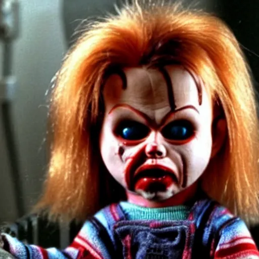 Prompt: Evil creepy looking Chucky the killer doll from Child's Play surrounded by zombies in the movie Dawn of the Dead